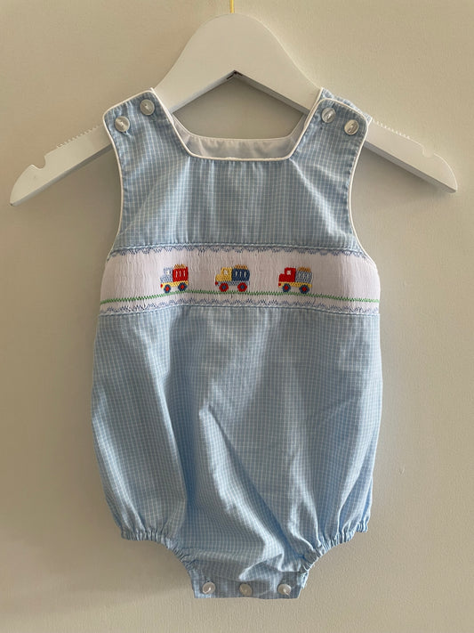 Petit Bebe blue truck smocked bubble 12mo